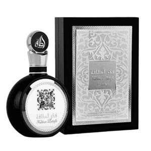 Perfume Lattafa Fakhar Silver con fragancia fresca cítrica y amaderada en frasco elegante plateado