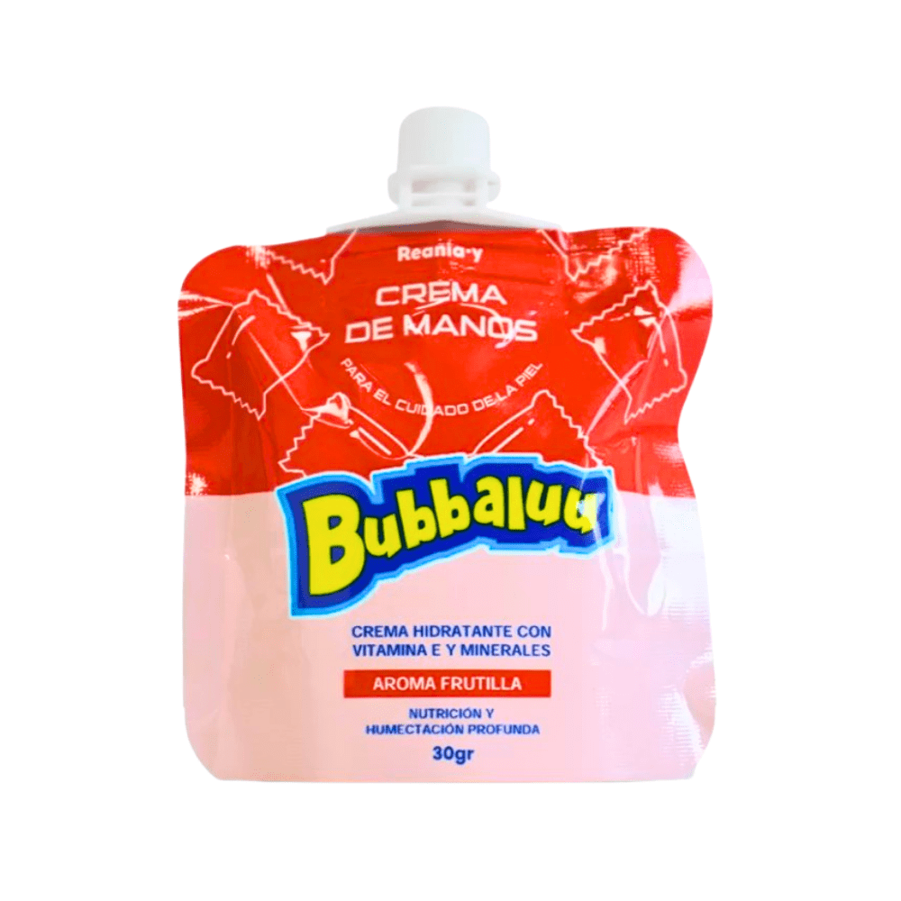 Bubbaluu crema manos frutilla formato portátil crema hidratante manos aroma frutilla Bubbaluu crema de manos pequeña Bubbaluu uso diario