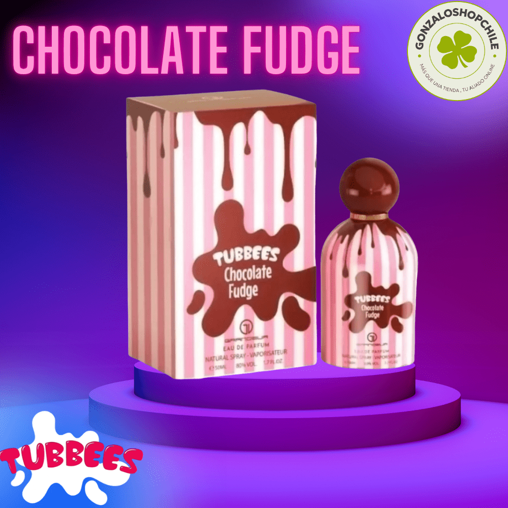 Perfume Tubbees Chocolate Fudge con fragancia dulce intensa de chocolate en envase moderno elegante