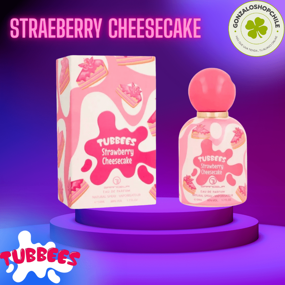 Perfume Tubbees Strawberry Cheesecake con fragancia dulce de fresa y crema en envase moderno elegante