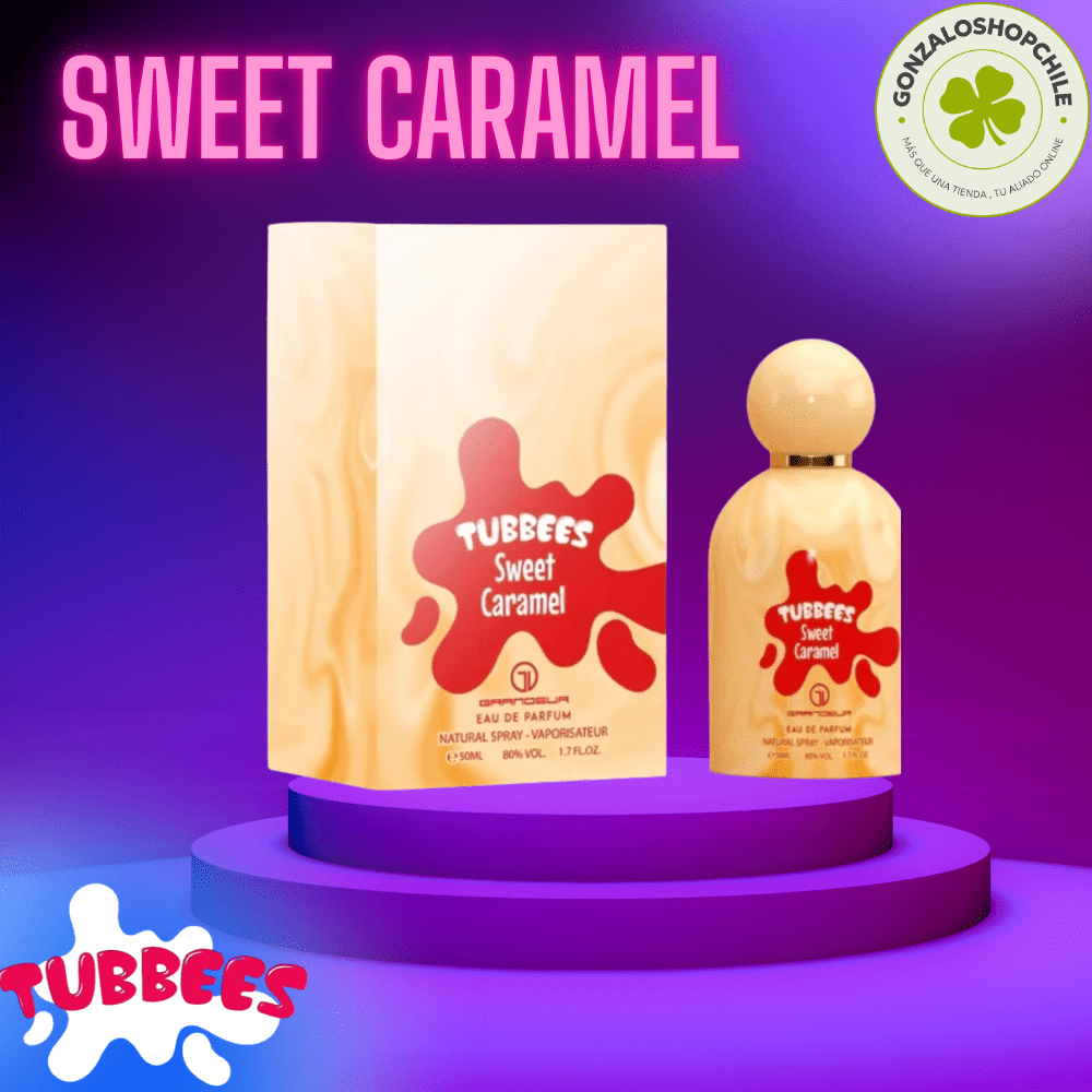 Perfume Tubbees Sweet Caramel con fragancia dulce de caramelo en envase moderno elegante