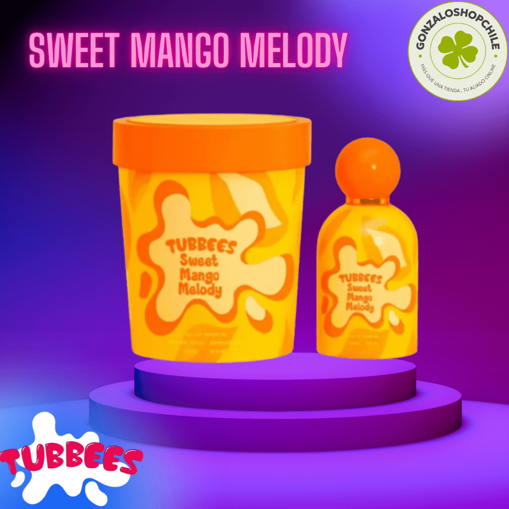 Perfume Tubbees Sweet Mango Melody con fragancia tropical de mango en envase moderno y colorido