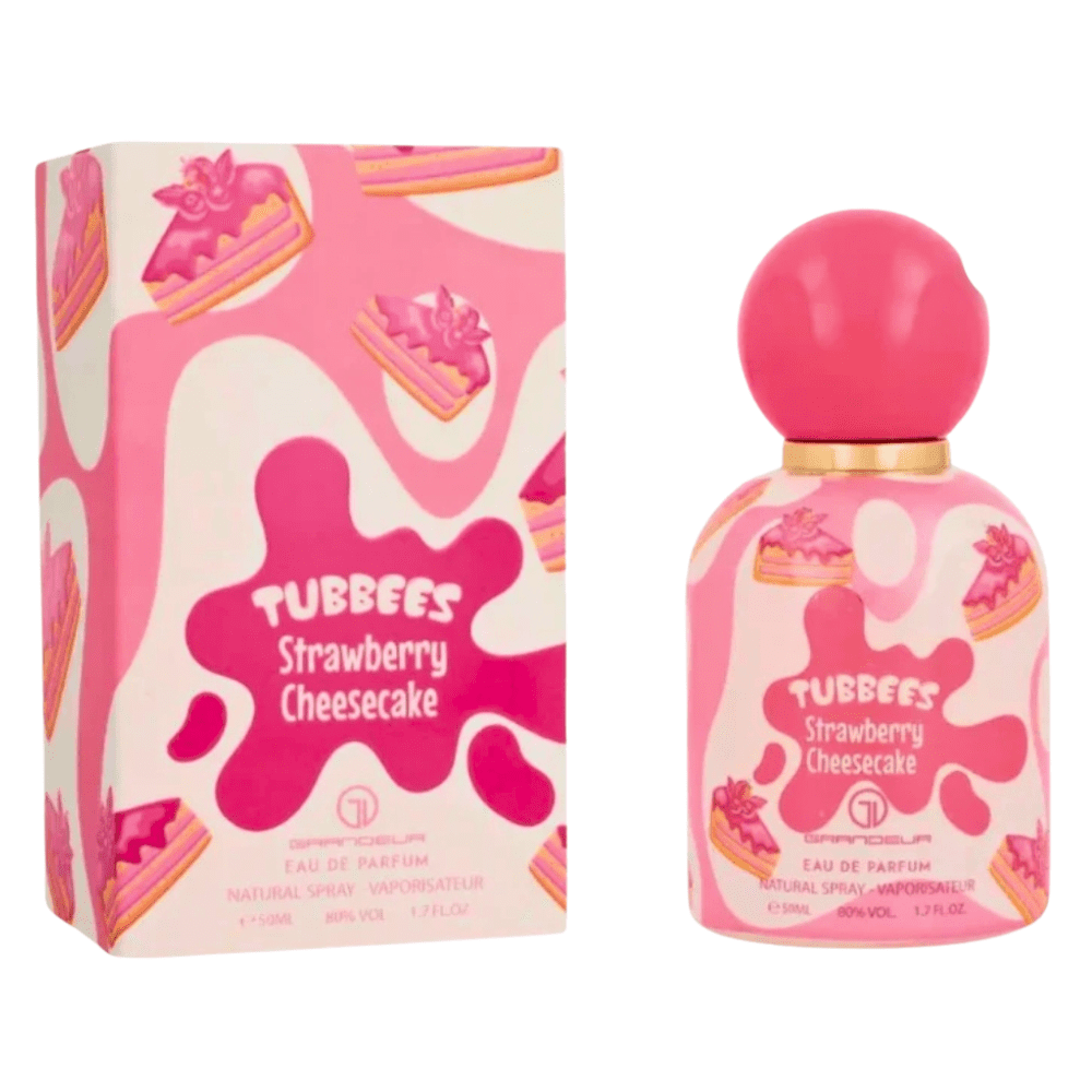 Perfume Tubbees Strawberry Cheesecake con fragancia dulce de fresa y crema en envase moderno elegante
