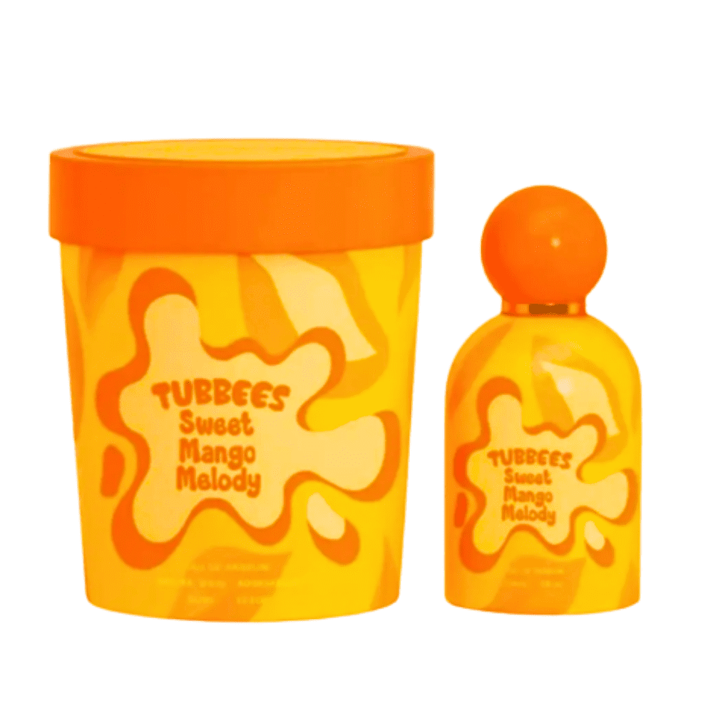 Perfume Tubbees Sweet Mango Melody con fragancia tropical de mango en envase moderno y colorido