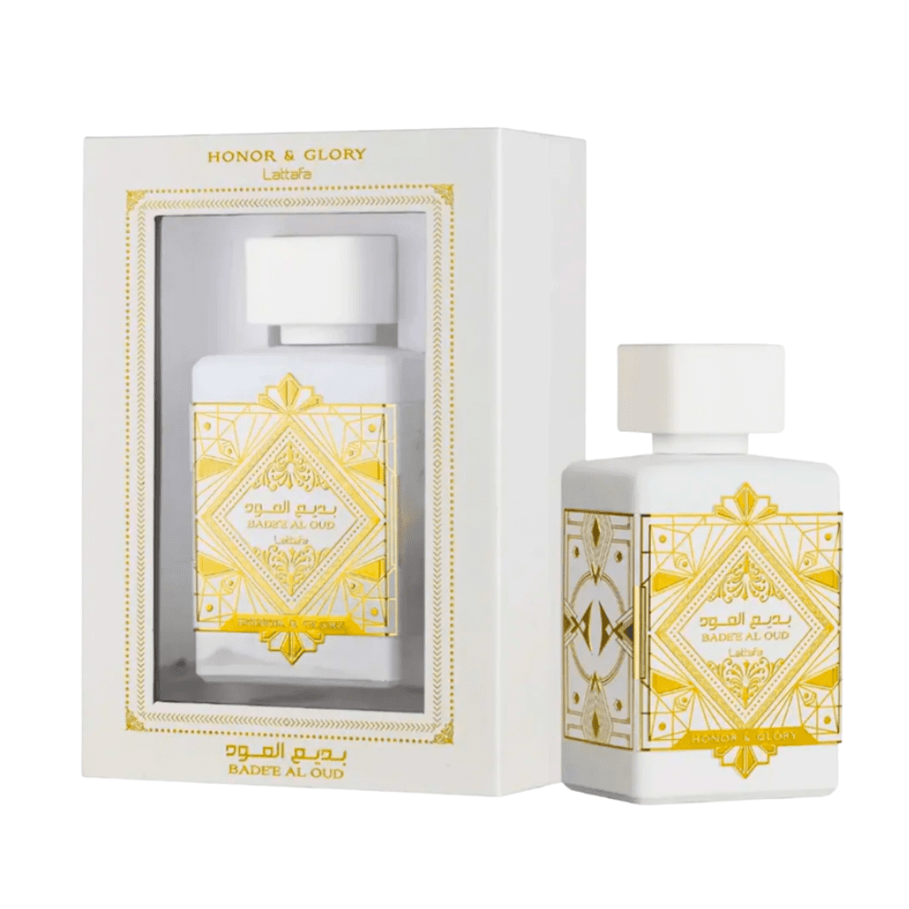 Perfume Lattafa Honor & Glory con fragancia dulce especiada y amaderada en frasco elegante