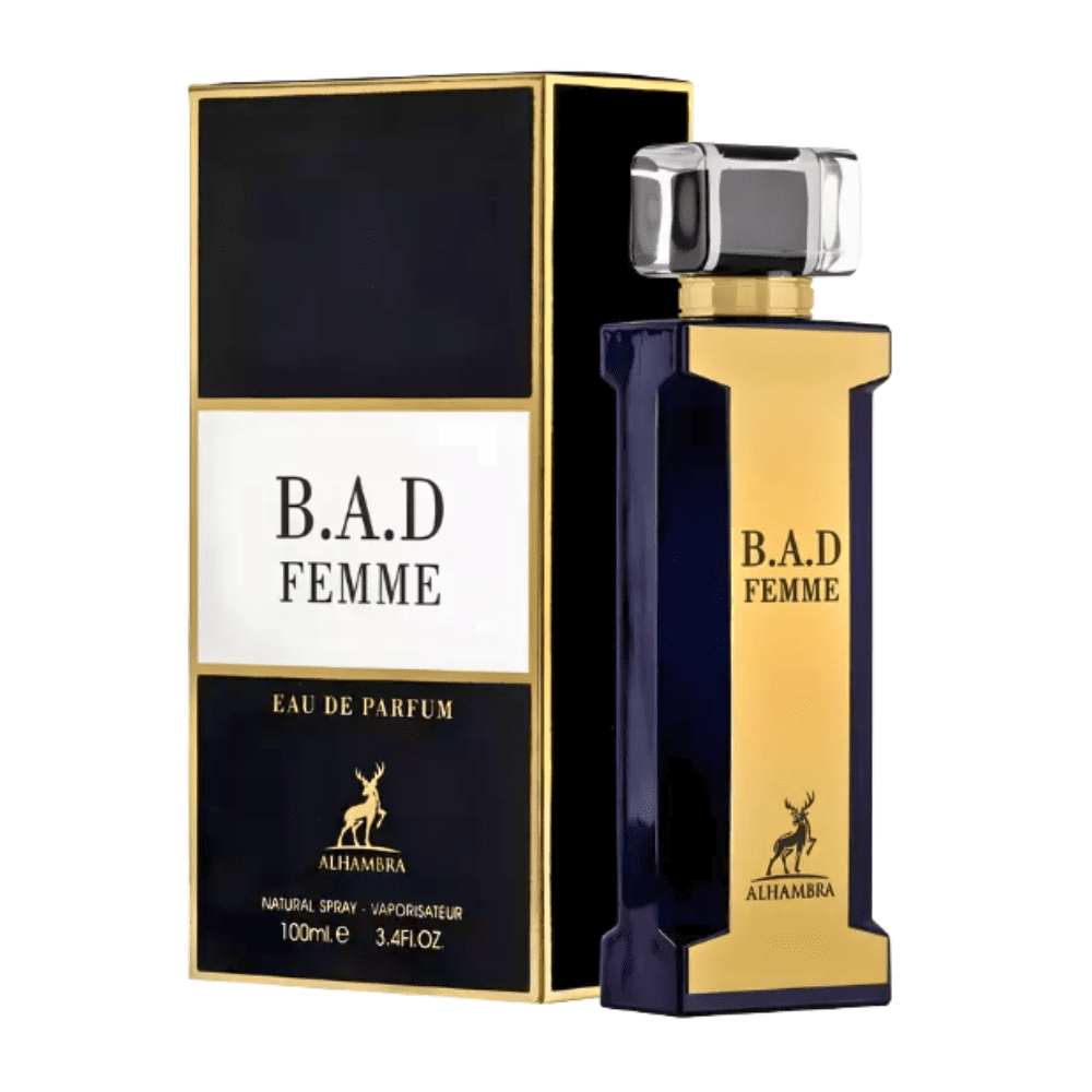 Perfume B.A.D Femme Maison Alhambra con fragancia dulce floral y fondo cálido en frasco elegante