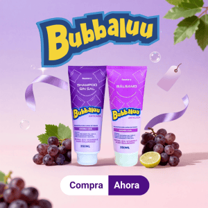 Pack Shampoo y Acondicionador Bubbaluu Aroma Uva para hidratar, limpiar y dar brillo al cabello con una deliciosa fragancia frutal.