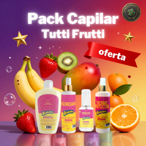 Pack Capilar Bubbaluu Aroma Tutti Frutti con serum capilar líquido, crema de peinar, desenredante y thermo protector para hidratar, proteger y dar brillo al cabello.