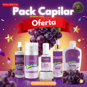 Pack Capilar Bubbaluu Aroma Uva con serum capilar líquido, cera en barra, crema de peinar, desenredante y thermo protector para el cuidado completo del cabello.