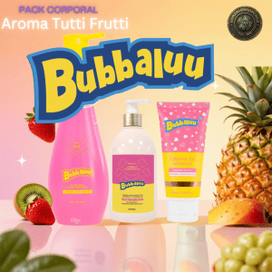 Pack Corporal Bubbaluu Aroma Tutti Frutti con crema corporal hidratante, gel de ducha de limpieza y suavidad y crema de manos de cartera para una rutina completa de cuidado corporal.