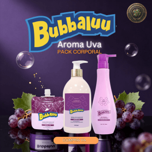 Pack Corporal Bubbaluu Aroma Uva con crema corporal hidratante, gel de ducha de limpieza y suavidad y crema de manos de cartera para una rutina completa de cuidado corporal.
