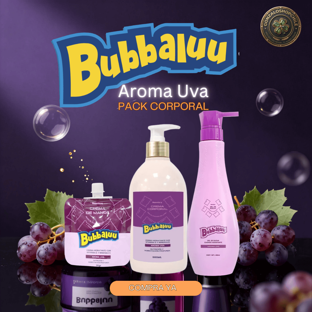 Pack Corporal Bubbaluu Aroma Uva con crema corporal hidratante, gel de ducha de limpieza y suavidad y crema de manos de cartera para una rutina completa de cuidado corporal.