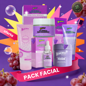 Pack Facial Bubbaluu con limpiador facial profundo, crema hidratante con colágeno, esencia líquida con ácido hialurónico, removedor de impurezas y baño de sal exfoliante facial aroma uva.