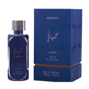 Botella del perfume Hayaati Al Maleky de Lattafa para hombre, fragancia árabe oriental amaderada de larga duración.